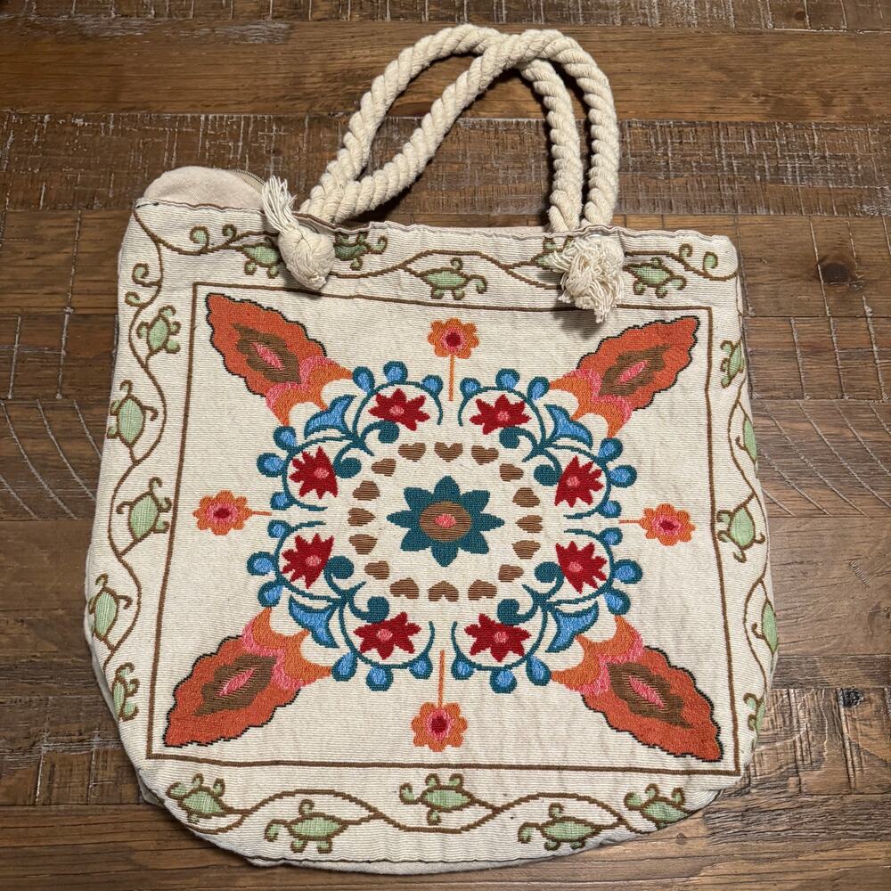 Boho Embroidered Canvas Tote Bag Rope Handles Mandala Floral Beach Shoulder Bag